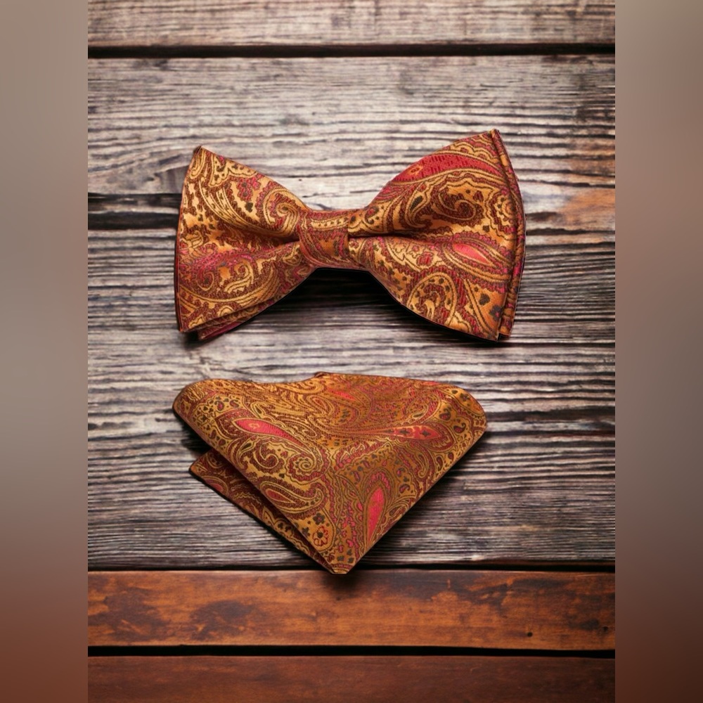 Men’s Silk Coordinated Bow Tie Set - Orange Paisley